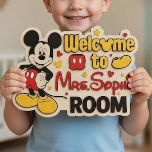 Targa personalizzata con nome per cameretta di Topolino, appendino in legno per porta "Benvenuti nella mia stanza", decorazione per cameretta Disney, targa con nome Disney per bambini