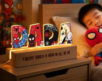 Personalized Spiderman Name Night Light, Custom Superhero Kids Bedside Lamp, Spider Man Bedroom Decor, LED Night Light Gift for Boys Nursery