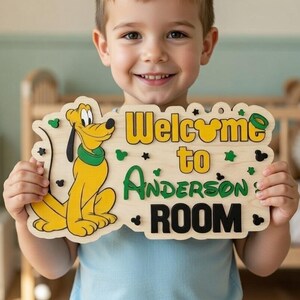 Personalized Disney Pluto Nursery Name Sign, Welcome to My Room Wooden Door Hanger, Disney Baby Boy Room Decor, Custom Baby Shower Gift