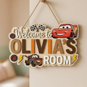 Gepersonaliseerde auto's houten naambord, Lightning McQueen Mater deurbord kinderkamer, aangepaste houten deurhanger, cartoon kinderkamerdecor cadeau