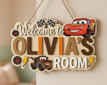 Plaque nominative personnalisée en bois de voitures, plaque de porte de chambre d'enfants Lightning McQueen Mater, accroche-porte en bois personnalisé, cadeau de décoration de chambre d'enfant de dessin animé