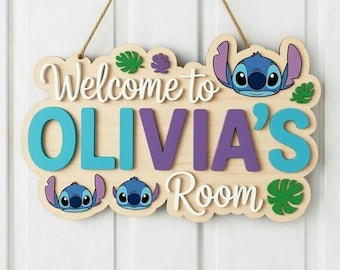 Gepersonaliseerde Disney Stitch naambord kinderkamer, welkom bij houten bord kinderkamer, aangepast deurbord babynaam, lilo en stitch kamerdecoratie