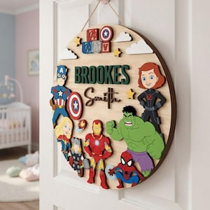 Marvel Avengers Namensschild aus Holz, Spider-Man Iron Man Captain America Kinderzimmerdekor, personalisiertes Superhelden-Kinderzimmer-Türschild