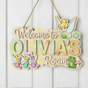 Personalized Tinkerbell Wooden Name Sign, Fairy Kids Room Door Sign, Custom Wooden Door Hanger, Tinkerbell Nursery Decor Gift