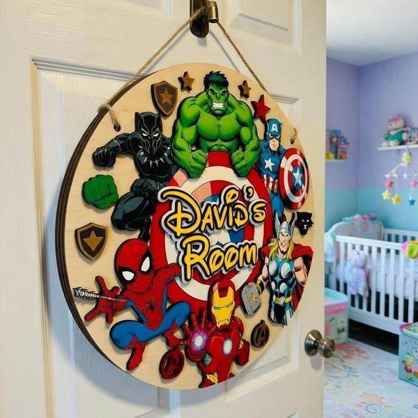 Marvel Superhero Wooden Name Sign, Personalized Kids Door Sign, Avengers Room Decor,Custom Name Sign,Spiderman Hulk Iron Man Captain America