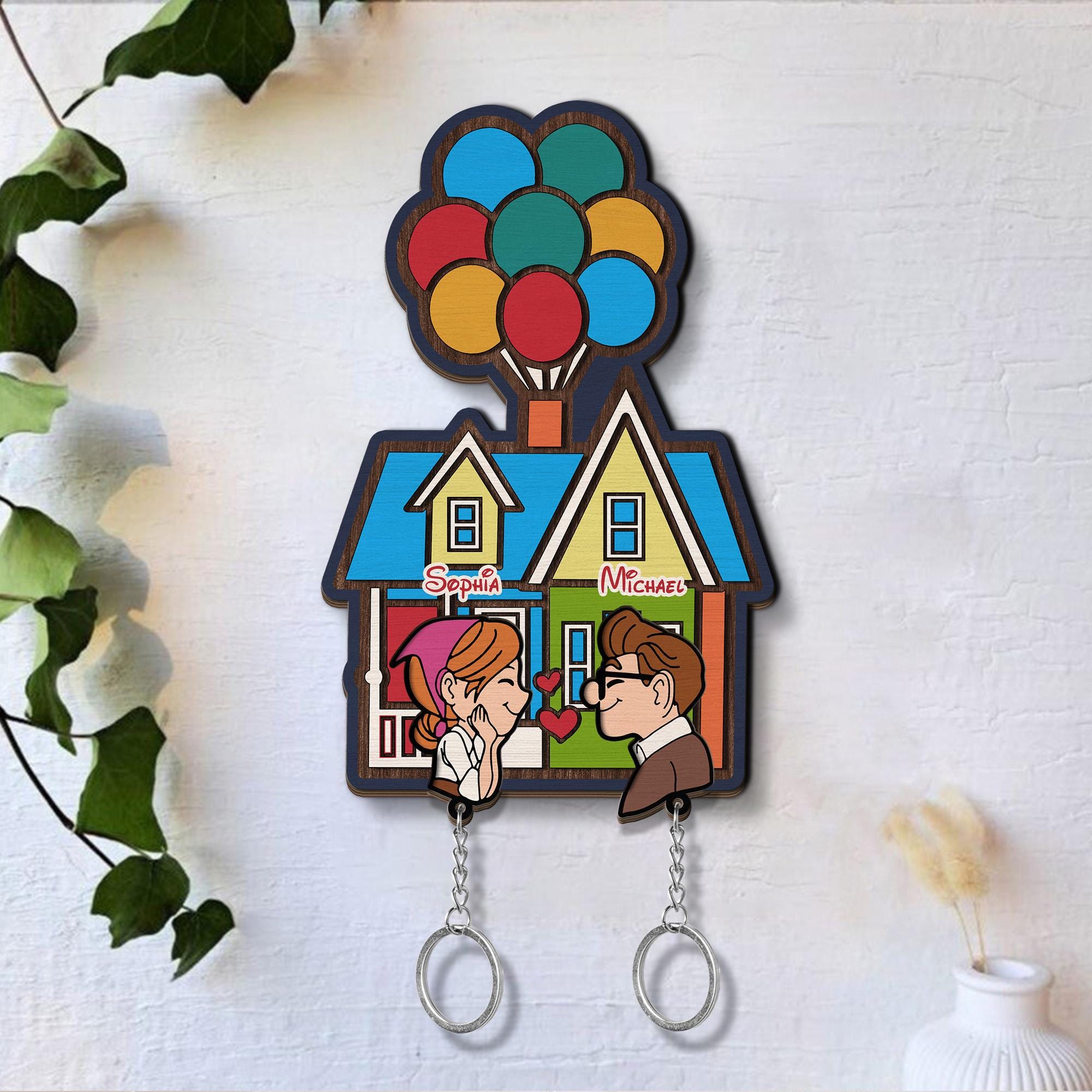 Personalized Up Movie Couple Keychain Holder, Carl and Ellie Key, Balloon House, Couple Keychain Hanger for Wall Hanging, Perfect Home Decor