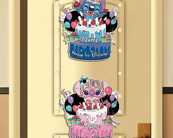 Imán de cumpleaños personalizado de Disney Stitch y Ángel, imán decorativo de cumpleaños, imán para puerta de crucero con pastel de cumpleaños inspirado en Disney, imanes de Disney