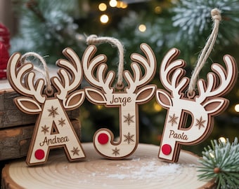 Personalized Reindeer Letter Wooden Ornaments For Christmas, Custom Name Tags Retro Ornaments For Family Holiday, Keepsake Ornaments