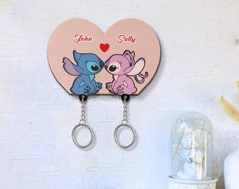 Personalized Stitch and Angel Wooden Keychain Holder, Disney