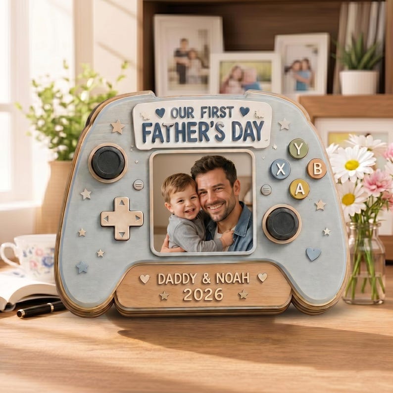 May include: A wooden photo frame shaped like a video game controller. The frame is light blue and features the text "OUR FIRST FATHER'S DAY" and "DADDY & NOAH 2026". The frame holds a photo of a father and child.