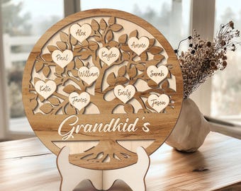Personalized Grandkids Family Tree Wood Sign, Engraved wood family tree sign, Grandparents Sign, Mother's Day Gift