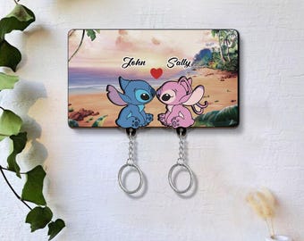 Personalized Stitch & Angel Keychain, Disney couple key holder, Couple Keychain Hanger for Wall Hanging, Perfect Home Decor,Anniversary Gift