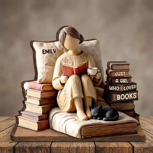May include: Wooden figurine of a person reading a book, holding a cup, and sitting on a stack of books. A black cat is curled up at their feet. The text "EMILY" is on the pillow, and "JUST A GIRL WHO LOVES BOOKS" is on a stack of books.