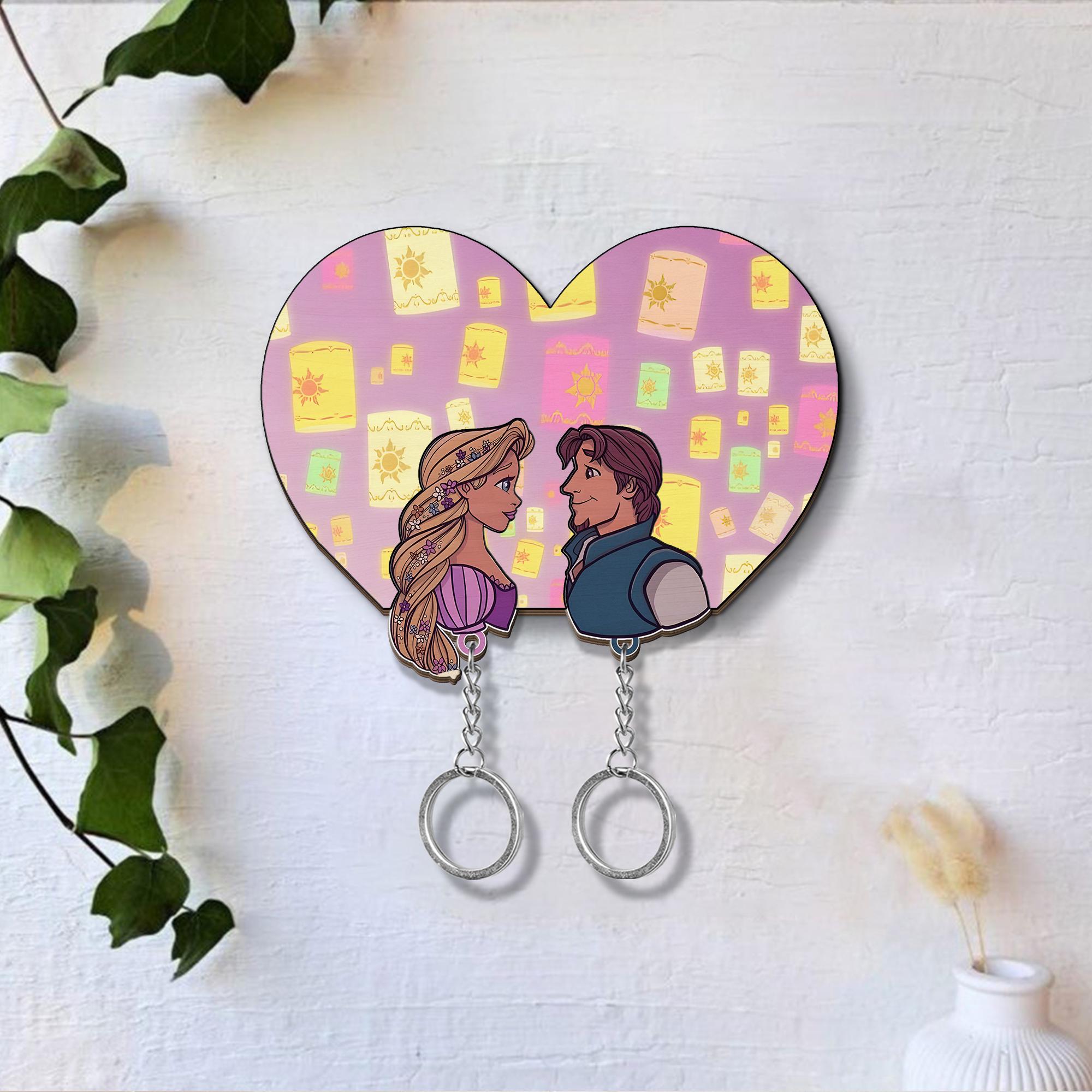 Personalized Rapunzel and Flynn Rider Wooden Keychain, Tangled Key
