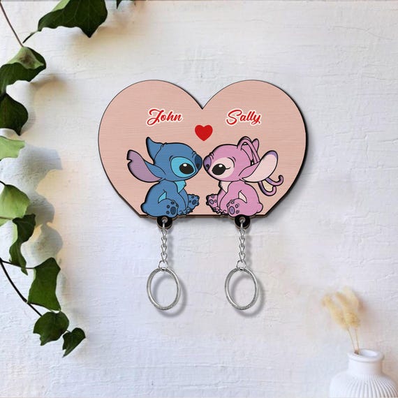 Personalized Stitch and Angel Wooden Keychain Holder, Disney