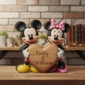 Könnte beinhalten: Eine Holzfigur von Mickey und Minnie Mouse, die ein herzförmiges Schild halten. Auf dem Schild stehen die Namen "Emily & William". Mickey trägt gelbe Schuhe, und Minnie trägt eine rosa Schleife mit Punkten und Schuhe. Der Hintergrund zeigt eine Backsteinmauer und ein Holzregal.