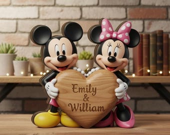 Personalized Disney Mickey Minnie Couple Wooden Block, Custom Name Heart Wood Sign, Cute Cartoon Anniversary Gift Home Decor