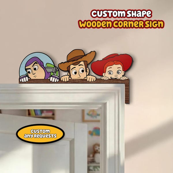 Disney Toy Story Door Corner Sign, Woody Jessie Bullseye Rex Buzz Lightyear Alien Wooden Corner Decor,Kids Room Door Frame, Nursery Wall Art