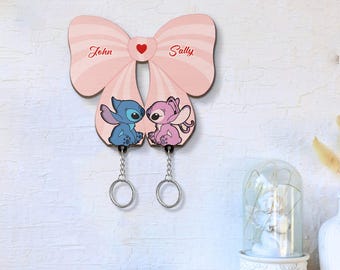 Personalized Coquoeete bow Stitch and Angel Keychain, Disney couple key holder, Couple Keychain Hanger for Wall Hanging, Perfect Home Decor