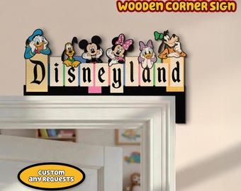 Letrero de esquina de madera de Mickey y Donald de Disney, adorno para puerta infantil, decoración de guardería de Mickey Mouse, arte de pared de habitación de dibujos animados, regalo personalizado