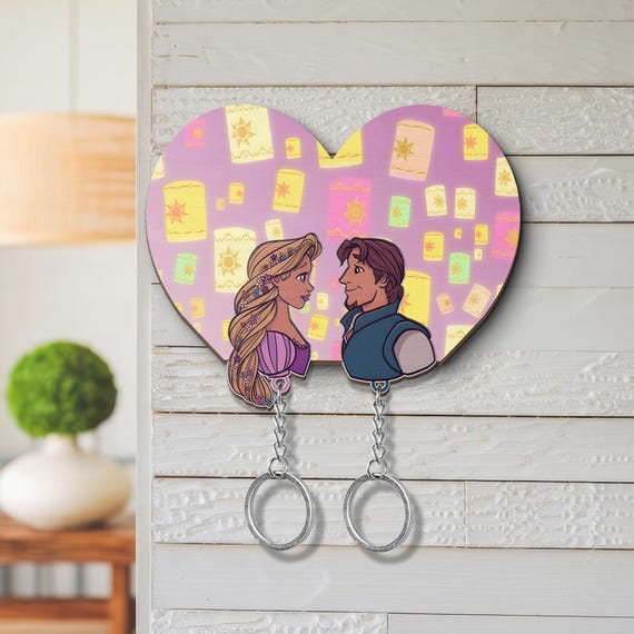 Personalized Rapunzel and Flynn Rider Wooden Keychain, Tangled Key