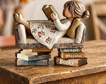 Just A Girl Who Loves Books Wooden Figurine, Reading Girl Statue, Book Lover Gift, Library Decor, Reader Shelf Decoration