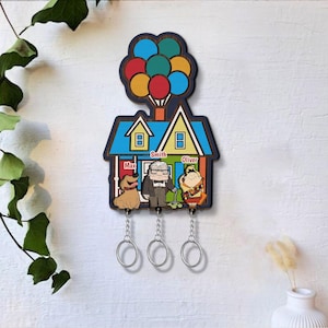 Personalized Wooden Key Holder for Wall Custom Family , Disney Up Family Keychains, Balloon House, Up Movie Keychains, Perfect Home Decor