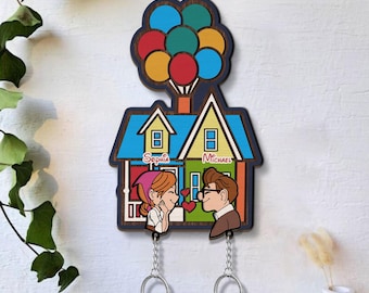 Personalized Up Movie Couple Keychain Holder, Carl and Ellie Key, Balloon House, Couple Keychain Hanger for Wall Hanging, Perfect Home Decor