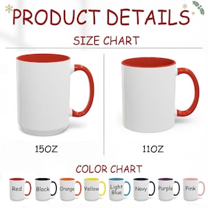 Puede incluir: Se muestran tazas de cer&aacute;mica blancas con interiores y asas de colores, mostrando opciones de tama&ntilde;o y color. Las tazas vienen en tama&ntilde;os de 15 oz y 11 oz, con opciones de color que incluyen rojo, negro, naranja, amarillo, azul claro, azul marino, morado y rosa.
