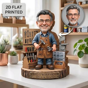 Anpassad träkloss med pappas verkstad, personlig fotogåva till pappa, 2D-platttryckt "Fixer of Things"-plakett, hantverkardekoration till fars dag