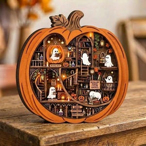 Puede incluir: Un diorama de madera en forma de calabaza con múltiples capas que muestra una escena de biblioteca interior iluminada con fantasmas blancos en miniatura, estanterías, una chimenea y escaleras. Texto: "READING NOOK", "BOOKS ARE MAGIC & SO ARE GHOSTS", "SHHH! GHOSTS READING."