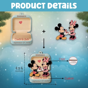 May include: A light blue, wooden engagement box with the text "ENGAGED" and a heart. The box is 4x4 inches and features a Mickey and Minnie Mouse design. The text "Charlie & Julia, September 27, 2025" is also included.