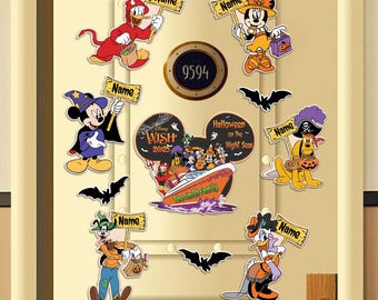 May include: Halloween-themed Disney character decorations. Mickey Mouse, Donald Duck, Goofy, Pluto, and Daisy Duck are dressed in costumes. The decorations include bats, pumpkins, and signs that say "Name". The decorations are on a door.