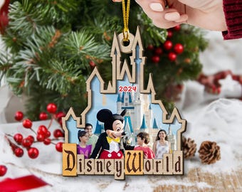 Personalized Photo Disney Family Trip 2025 Ornament, Disneyworld Castle Ornament, Family Christmas Photo Ornament, 2-Layer Wooden Ornament