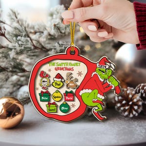 Décoration de famille Grinchmas personnalisée en bois, Décoration personnalisée de membre de la famille, Décoration de Noël de dessin animé, Décoration de Grinchmas 2024