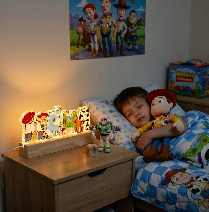 May include: A wooden night light with the name "AMA" illuminated, featuring characters from the Toy Story movie. A sleeping child cuddles a Woody doll. A Buzz Lightyear figure and a Toy Story poster are also visible.