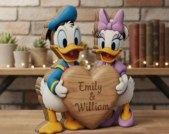 Personalized Disney Donald Daisy Couple Wooden Block, Custom Name Heart Wood Sign, Cute Cartoon Anniversary Gift Home Decor