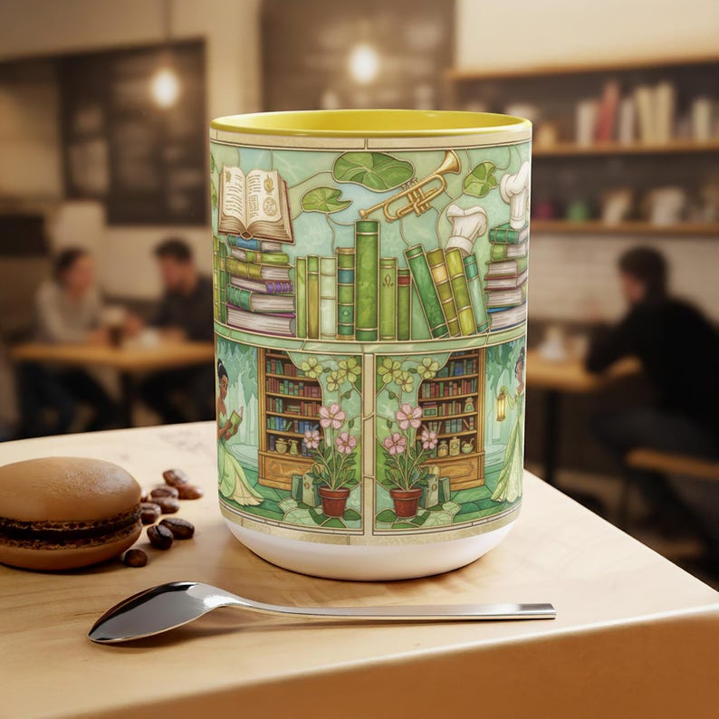 Pu&ograve; includere: Tazza in ceramica bianca con interno giallo, con un'illustrazione dettagliata di libri, una tromba e un cappello da chef. Il design include una scena di biblioteca con accenti floreali e una donna in abito verde. Un cucchiaio e un macaron in primo piano.