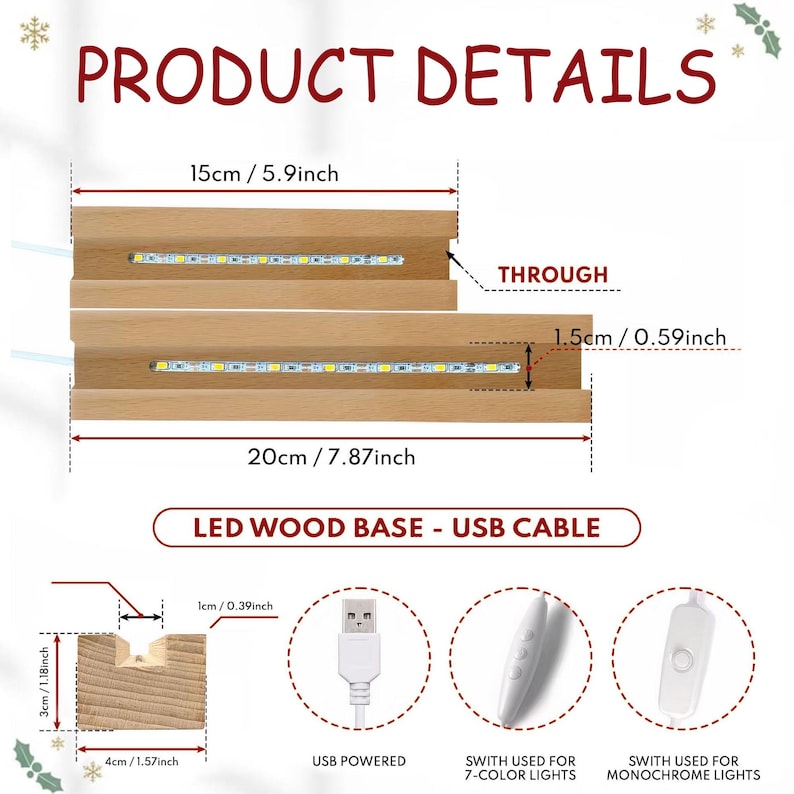 May include: Product details image showing a wooden LED base with dimensions. The base is 7.87 inches long and 5.9 inches wide, with a height of 0.59 inches. It includes a USB cable and options for 7-color or monochrome lights.