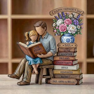 May include: A wooden Father's Day figurine depicts a father and child reading a book labeled "Our Story." A stack of books with words like "Love" and "Dreams" supports a vase of flowers. A banner reads "Happy Father's Day."