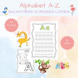 May include: A printable worksheet for learning the alphabet. The worksheet features a large letter A with dotted lines for tracing. The worksheet also includes a picture of a giraffe and a monkey.