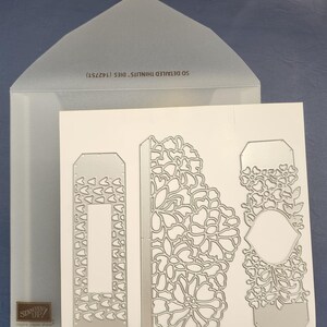 Op de afbeelding: Een set gedetailleerde thinlits-stansmessen voor papierknutselen. De zilverkleurige stansmessen bevatten bloemen- en geometrische ontwerpen. De set is verpakt in een doorschijnende envelop.