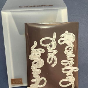 Puede incluir: Un paquete marrón que contiene las palabras troqueladas "Sweet Baby" en una fuente cursiva. El paquete está junto a un sobre de plástico transparente con el texto "EXPRESSIONS THINLITS DIES (132171)" impreso. El sobre tiene un cierre de botón a presión blanco.