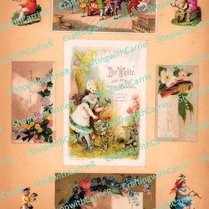 Peut inclure: Une collection d'éphémères vintage avec des illustrations de chérubins, d'enfants et de motifs floraux. Une image présente une publicité pour du savon avec des personnages dansant. D'autres images incluent une fille dans un jardin et une publicité pour une machine à coudre.