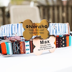 May include: Two gold bone-shaped dog tags with engraved text. The top tag reads "Norah" with the text "Help, I'm Lost! 123-456-7890". The bottom tag reads "Max" with the text "123-456-7890 256 Maple Ave Apt 3C Brooklyn NY".