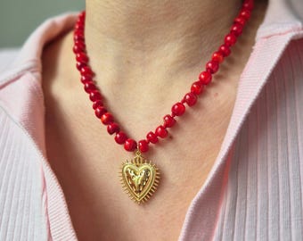 SHELL necklace | red necklace | gift for her, boho, dopamine look, beaded necklace, gemstone necklace, shell necklace