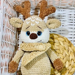 Knitted Amigurumi Deer, Crochet Reindeer Christmas Baby Gift, Ethically Handmade Organic Cotton, Christmas Reindeer Plush Toy