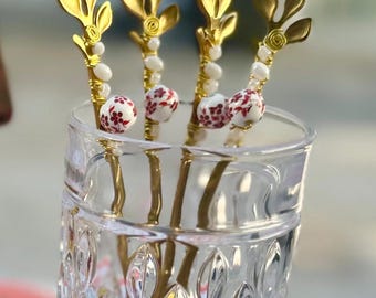 Toile de Jouy Beaded Stainless Steel Spoon: Handmade Cocktail Stirrer