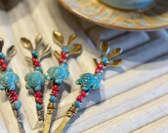Turtle Ceramic Bead Teaspoon: Wire Wrapped Stainless Steel Coffee Spoon