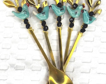 Bird Ceramic Beaded Teaspoon: Handmade Stainless Steel Coffee Spoon